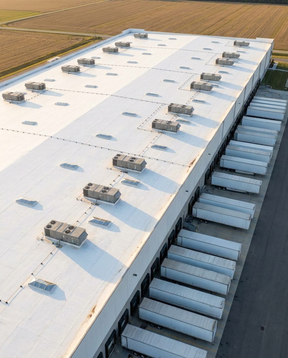 White TPO membrane roof on a large logistics warehouse
