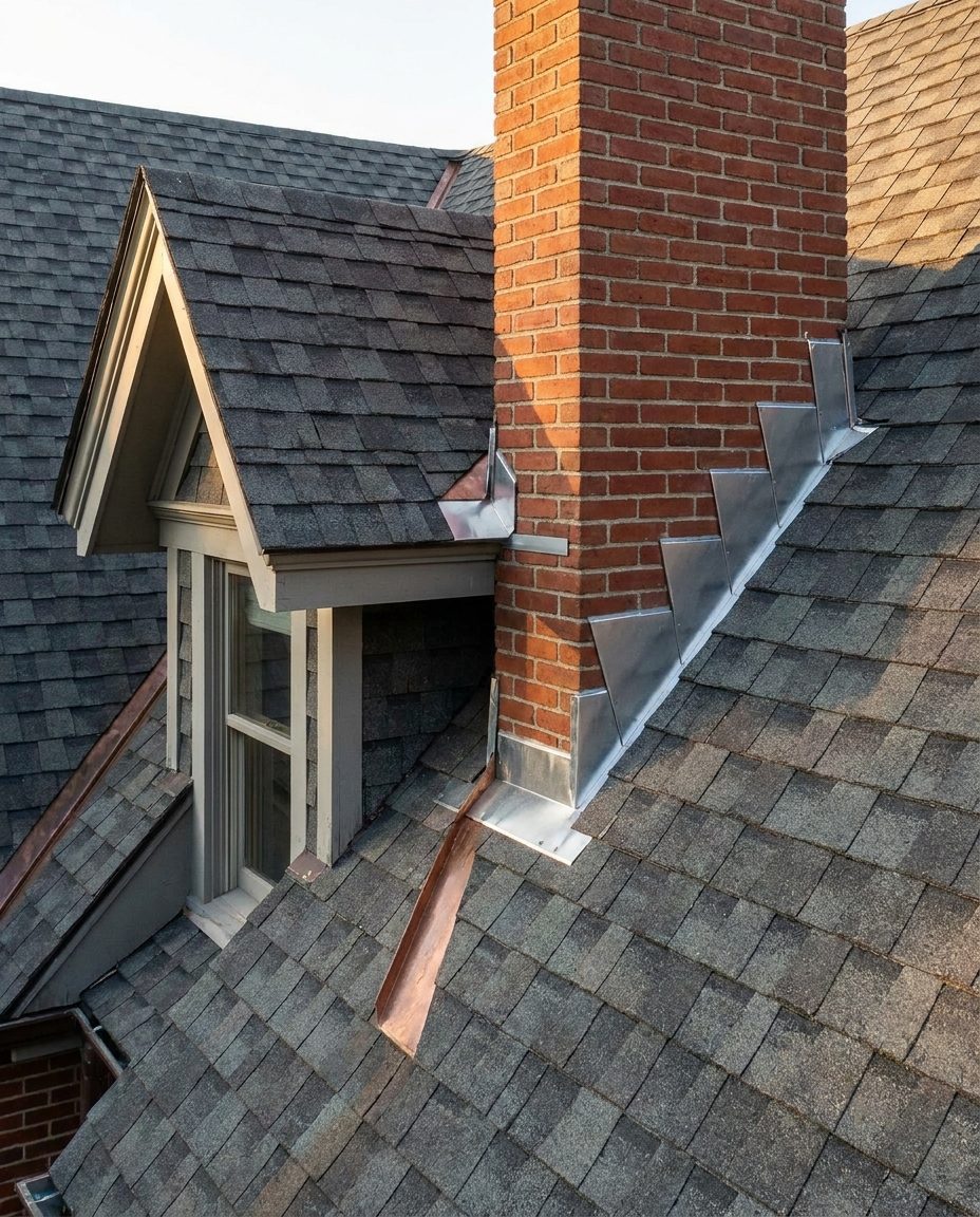 New step flashing where a chimney and dormer meet a century-home roof