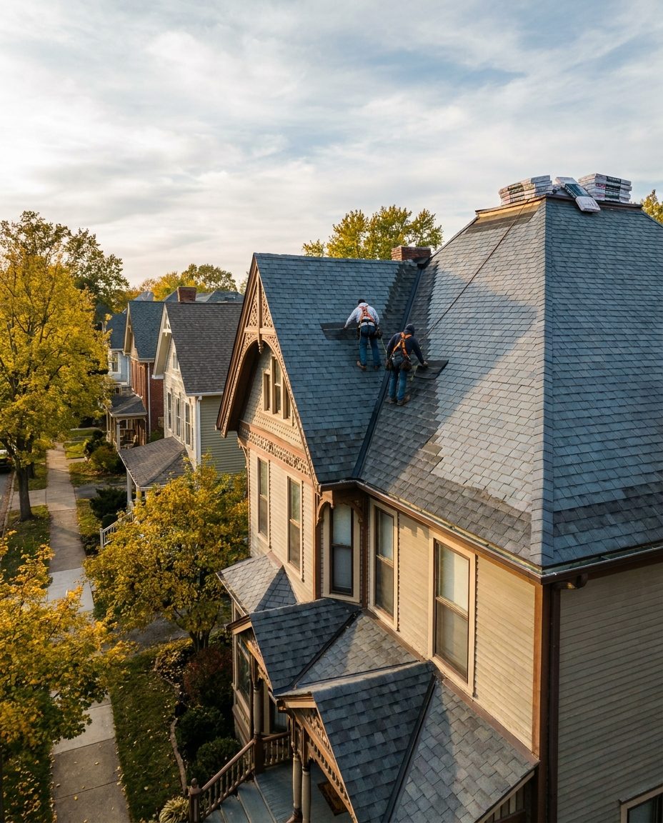Roofers installing architectural shingles on a steep century home