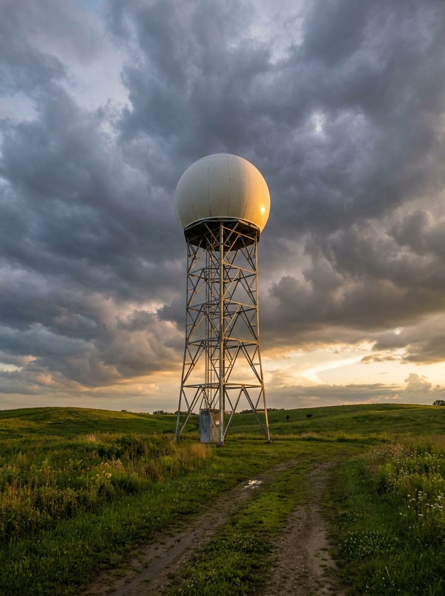 Weather radar dome on a tower under a spring storm sky