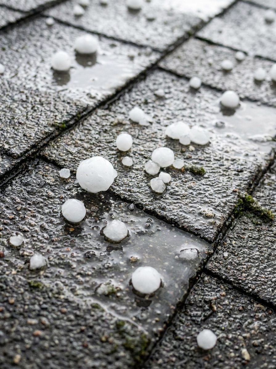 Hailstones scattered across asphalt shingles after a storm