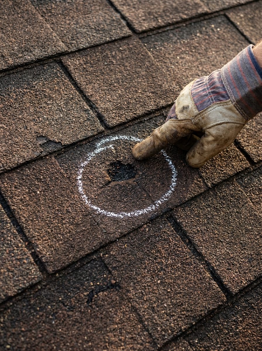 Hail-bruised shingle circled in chalk during a roof inspection