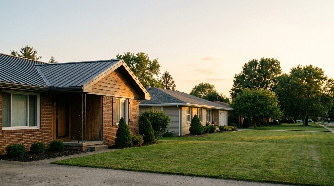 Neighboring homes with a standing seam metal roof and an architectural shingle roof