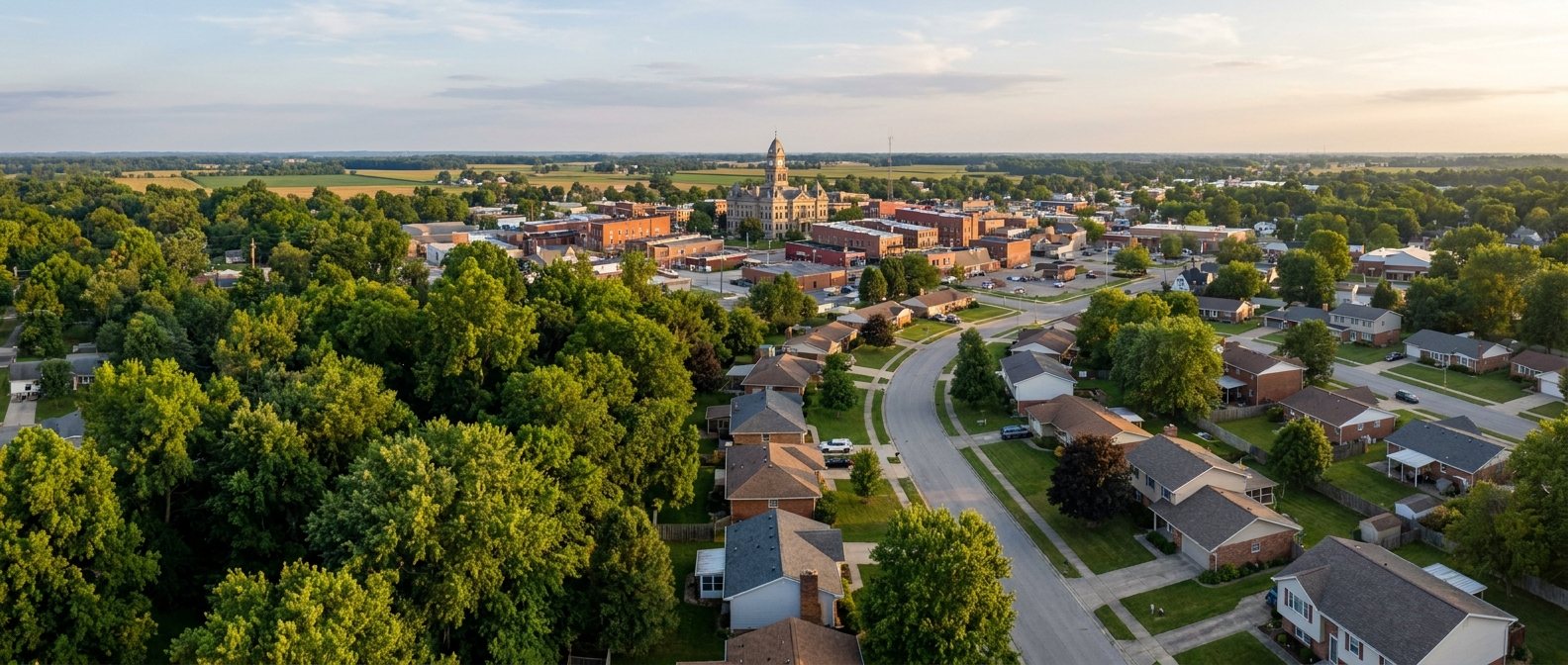 Tree-lined residential streets and a historic stone courthouse in a Southern Ohio city