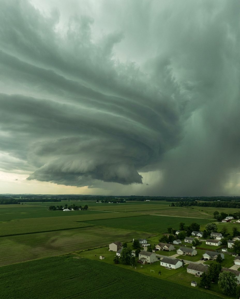 Supercell thunderstorm over farmland at the edge of a small Ohio town