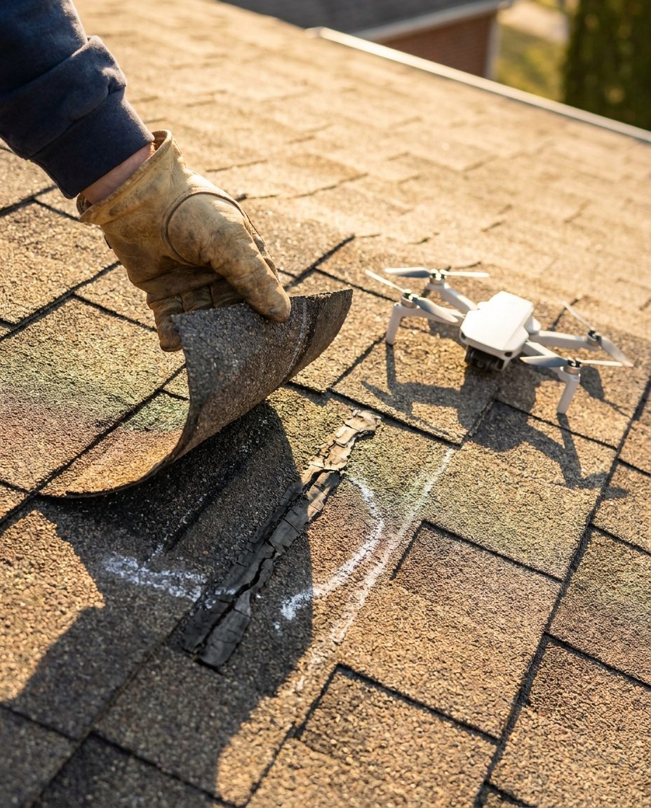 Inspector lifting a wind-creased shingle tab to show a broken seal strip