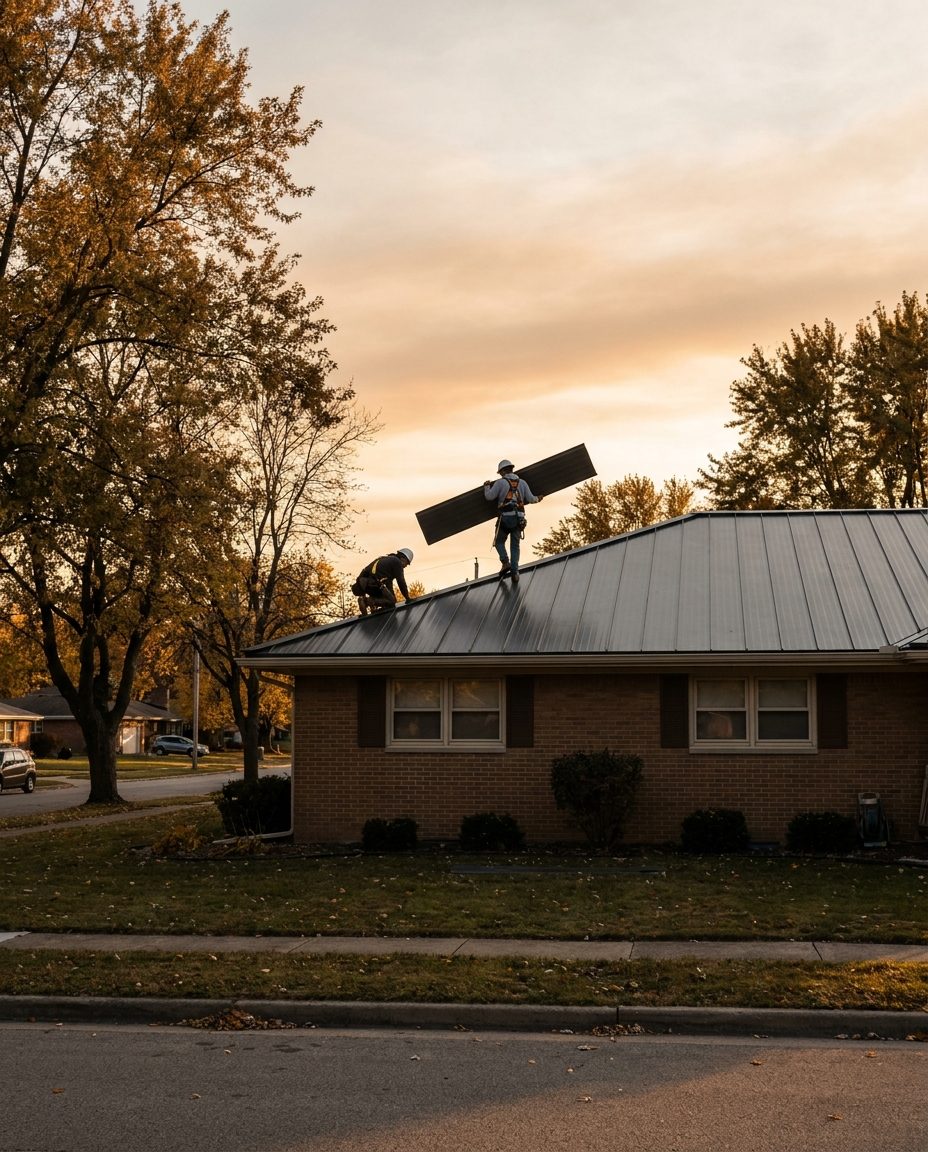 Roofers installing standing seam metal on a 1970s ranch home