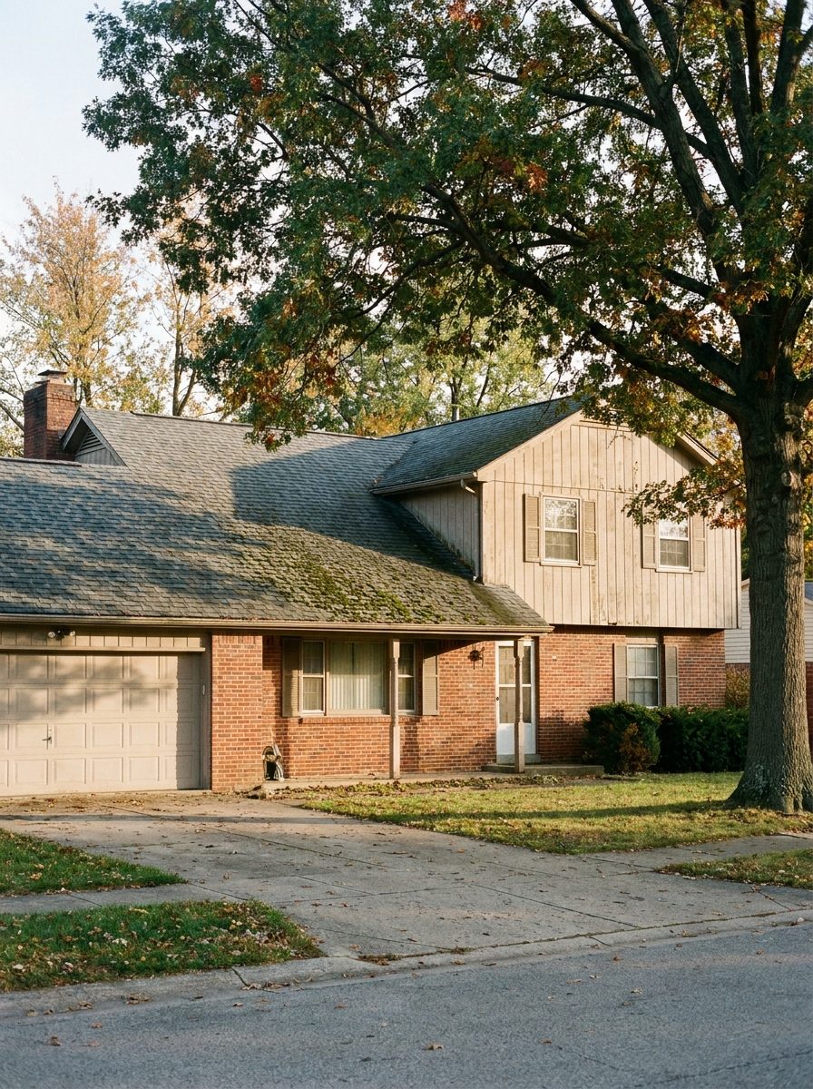 1970s split-level home with a weathered asphalt shingle roof