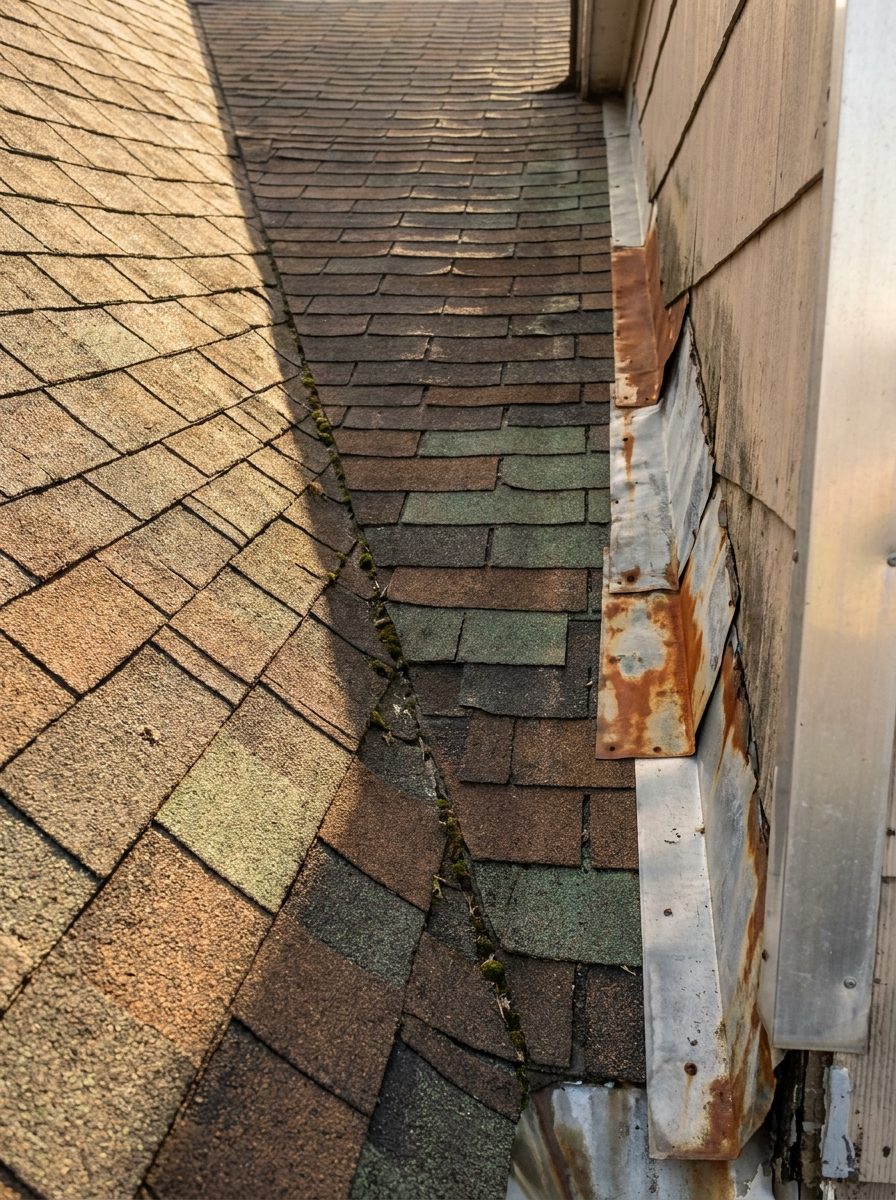 Roof valley and flashing showing decades of mismatched repairs