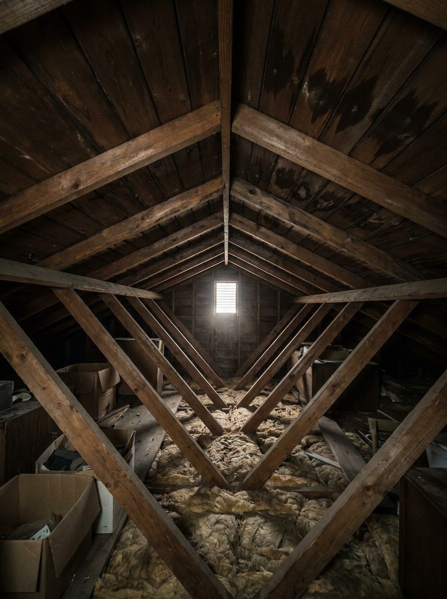 Water-stained roof decking and a single small vent in a 1970s attic